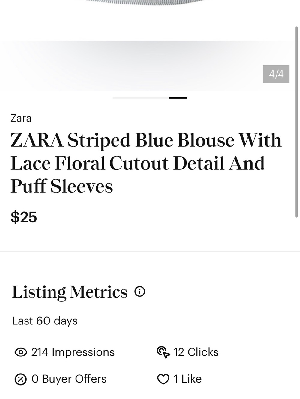 ZARA Striped Blue Blouse With Lace Floral Cutout Detail And Puff Sleeves - Picture 6 of 7